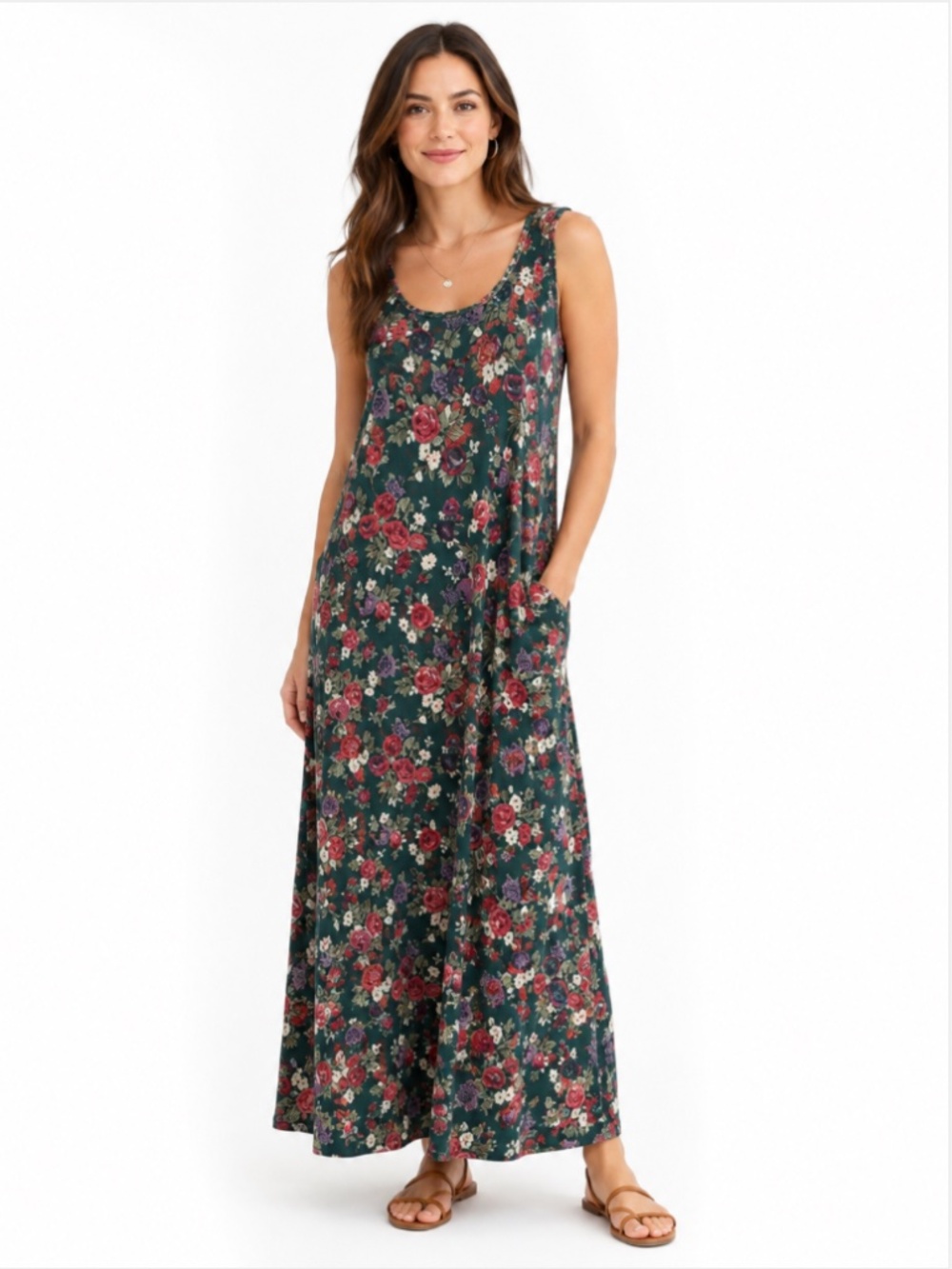 URBAN COCO Floral Print Sleeveless Maxi Dress Dark Green Size Medium